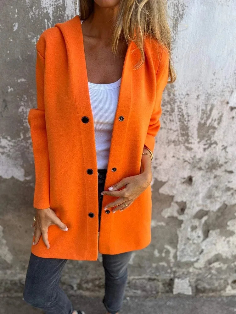 Women solid button hooded pocket jacket casual loose jackets great for fall outerwear fall .  S-2X