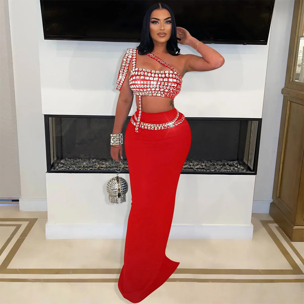 Rhinestone 2 Piece Skirt Set Elegant Luxury Long Skirt Summer Outfit Crop Top Two Piece Set.  S-2x