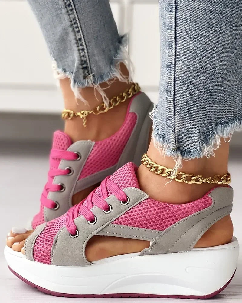 Summer Casual Comfortable Toe Contrast Cutout Lace-up Platform Sport Sandal/Sneakers