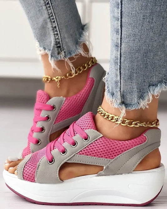 Summer Casual Comfortable Toe Contrast Cutout Lace-up Platform Sport Sandal/Sneakers
