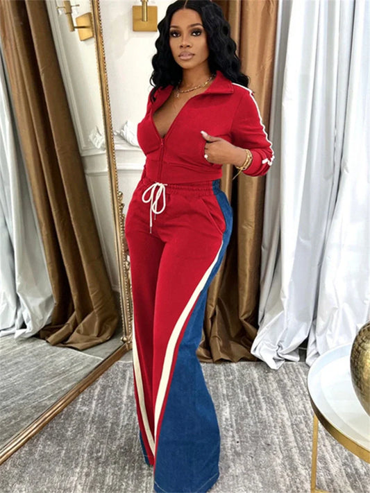 Streetwear Colorblock 2 Piece Sets Women Outfit Women Zip Top Pant Set Casual Tracksuits Set.  S-2X
