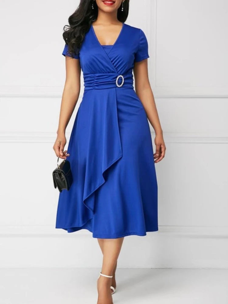 Elegant Women Solid Colour Short Sleeve V Neck Midi Party Dress.  S-5X