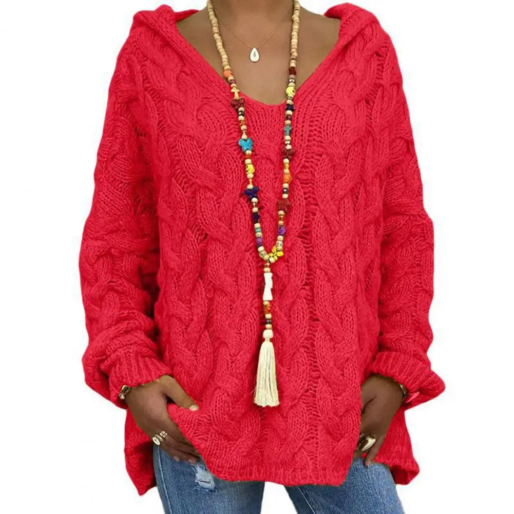 Hooded V-Neck Long Sleeves Twist Knitted Solid Colour Loose Sweater.  S-3x