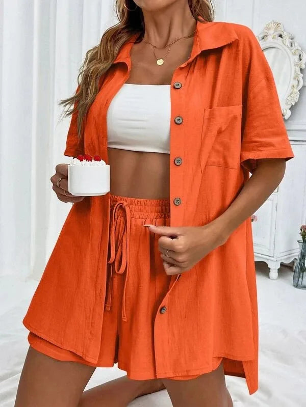 Ladies Casual two-Piece Summer Fashion Casual Loose Single Breasted Shirt Short Sleeve Shorts Two Piece Set.  S-3X