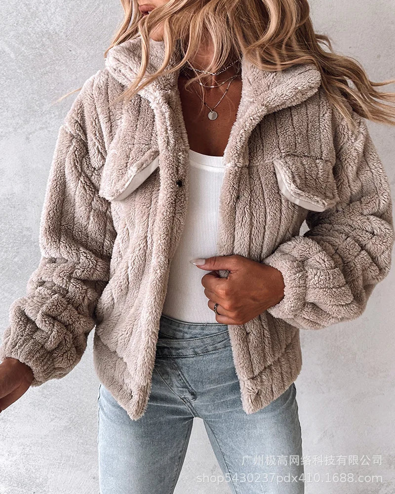 Women's Outerwear Solid Color Long Sleeved Lapel Fashionable Plush Thick Coat.  S-XL