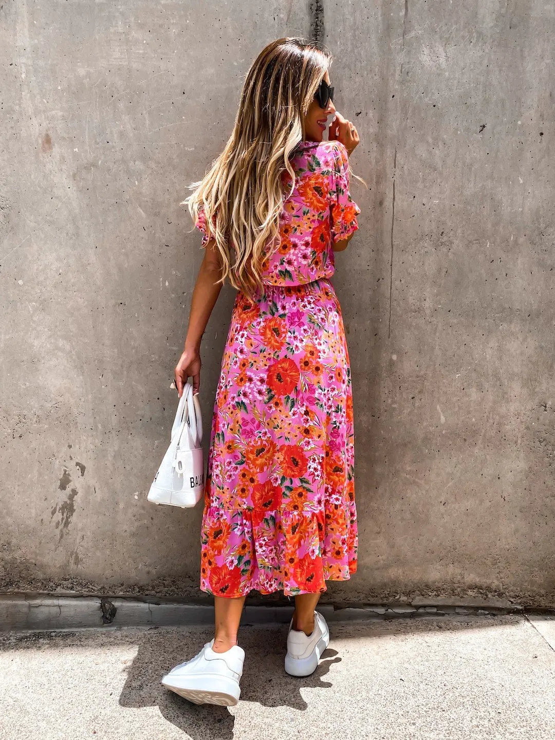 Summer Floral Print Dress V Neck Side Slit Short Sleeve Button Slim Spring Party Dress.  S-3X
