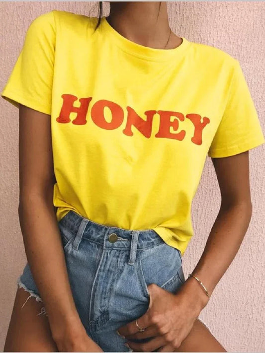 Honey Red Letter Print T Shirt Women Short Sleeve O Neck Loose Fit Ladies Tee . S-3x