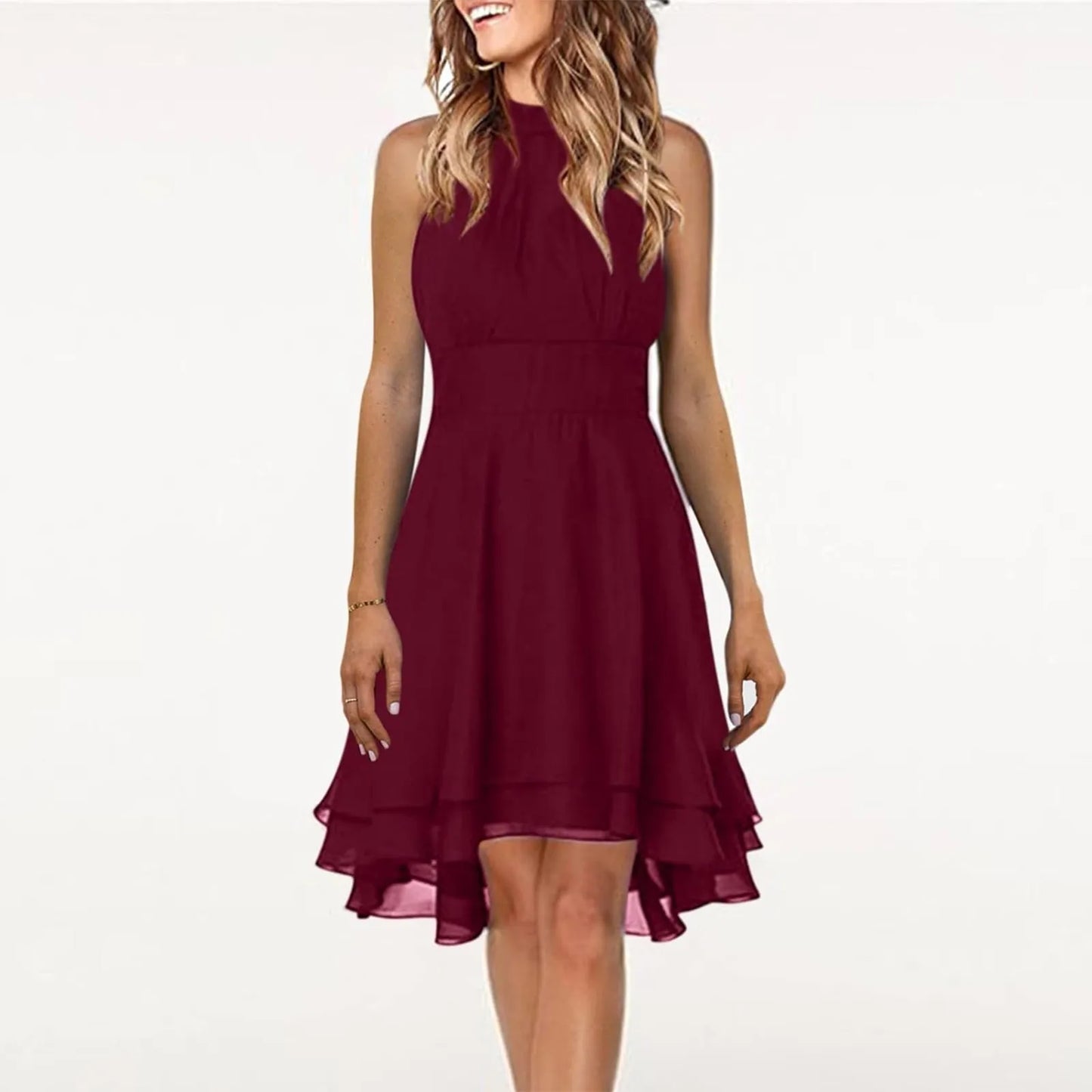Summer Elegant Women Dress High Waist Sexy Layered Solid Halter Casual Sleeveless Party Dress.  S-3X