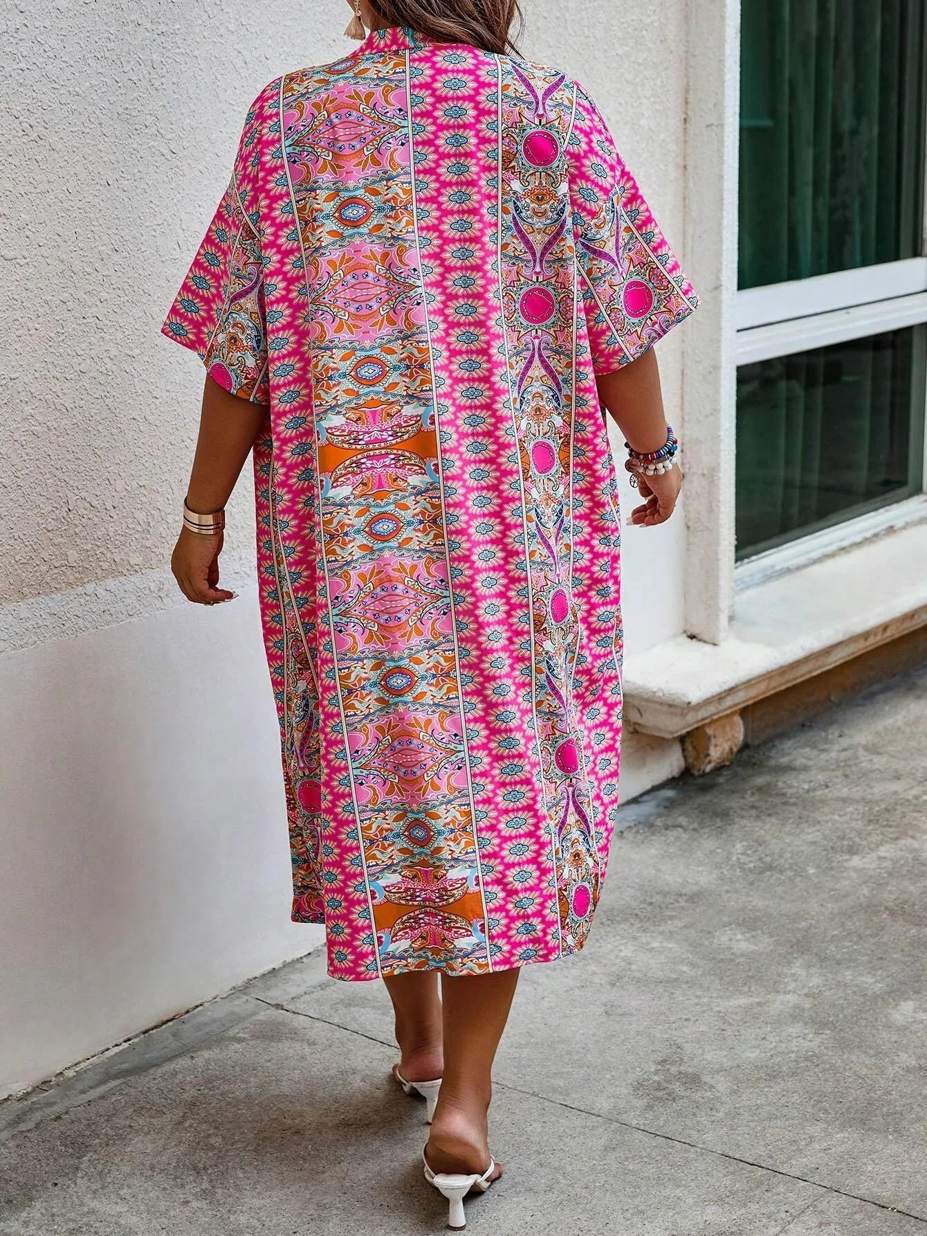 Women's Plus Size Printed Two-piece Set, featuring a bohemian print open front kimono with short sleeves and shorts