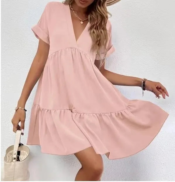 Women's Casual Short Skirt Fresh  Sweet V-neck Cake Solid Color Big Swing Elegant Summer New Solid Color Holiday Mini Dress