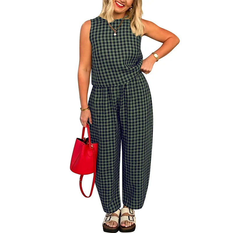 Women Pant Set Fashion Plaid Print Sleeveless Top Loose Pants Two Piece Casual Outfit.  S-2X