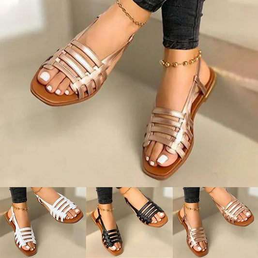 Woman Summer Hollow Out Roman Gladiator Open Toe Flats.