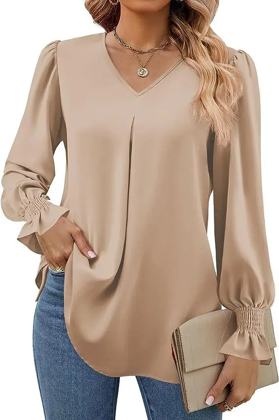 Women's Solid Colour Chiffon Shirt V-neck Long Sleeved Top Elegant Loose Blouse.  S-2X
