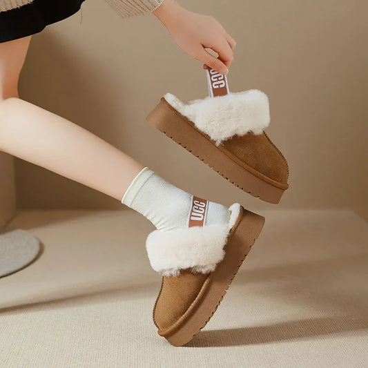 Thick Bottom Woolen Slippers Women Winter Style Genuine Leather Fleece Lined Shoe/Sandal