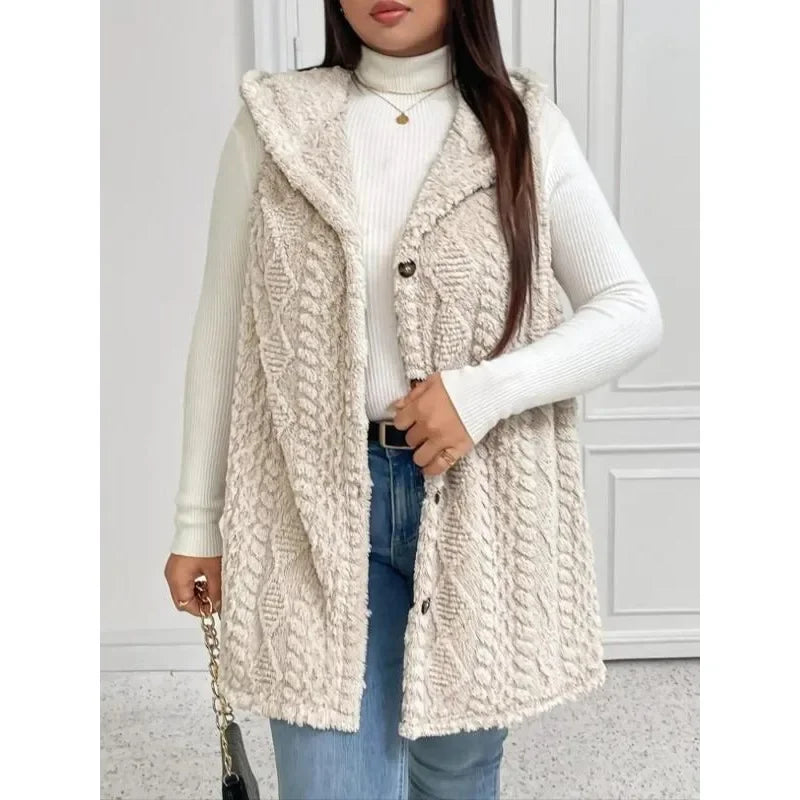 Plus Size 1XL-5XL Women's Textured Hooded Vest Sleeveless Hoodie Coat Button Down Faux Fur Coat.   1X-5X