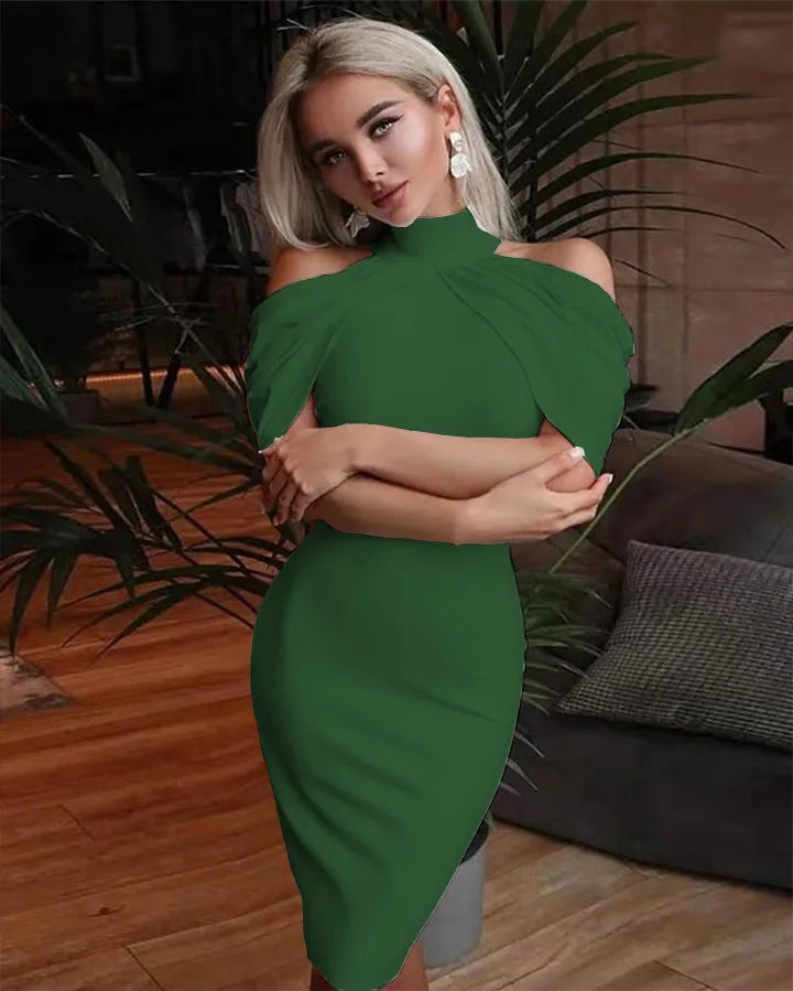 New Solid Colour Slim Midi Halter Neck Off Shoulder Elegant Party Dress.  S-3X