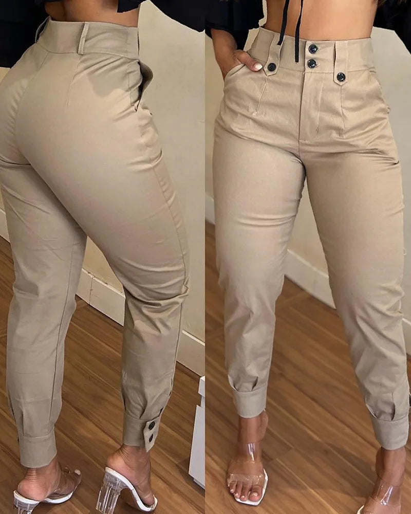 Ladies High Waist Slim Fit Khaki Casual Long Pants Fashionable Trendy Versatile Pants