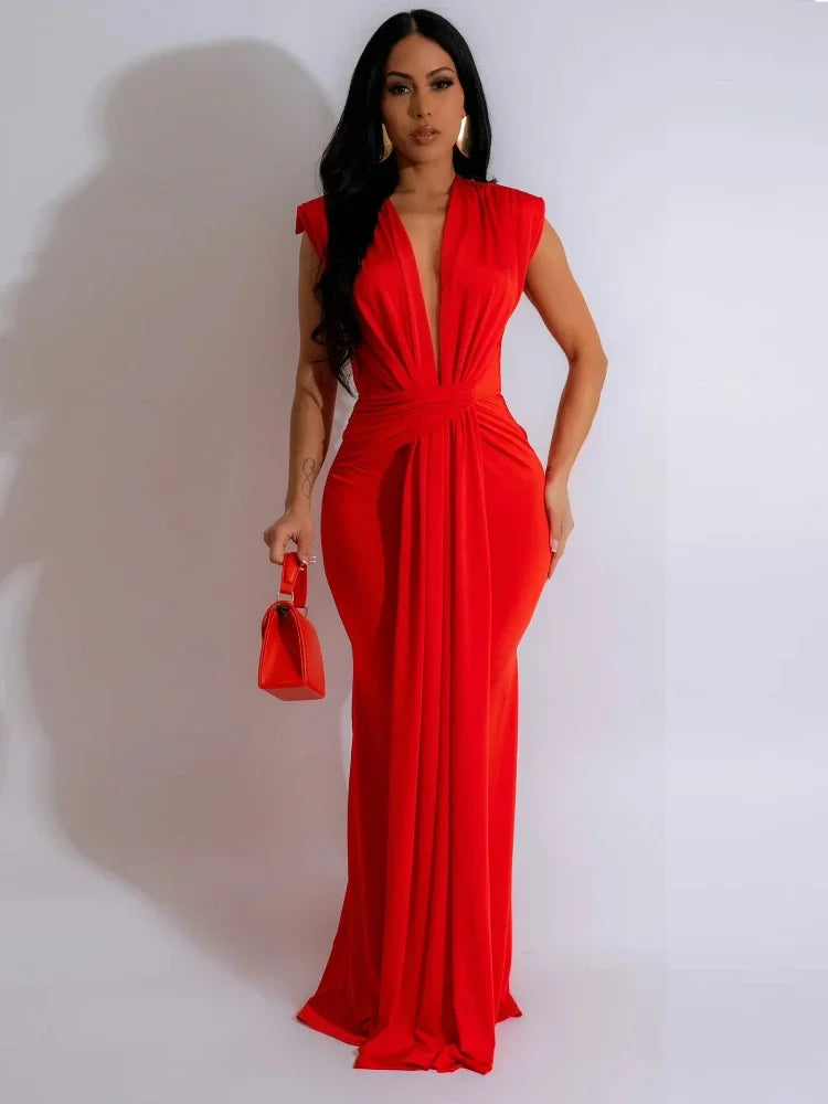 Elegant Ruched Body-con Maxi Dress for Women Party Evening Deep V-neck Sheath Celebrity Formal Long Dress.  S-2X
