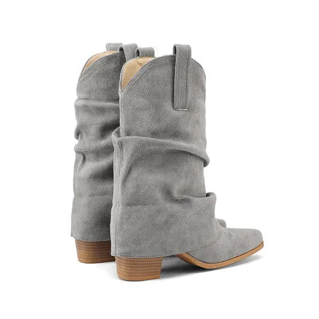 Suede 7cm Square Heel Pointed Pleated Mid Length Cowboy Boot Skirt Calf Boots 35-43