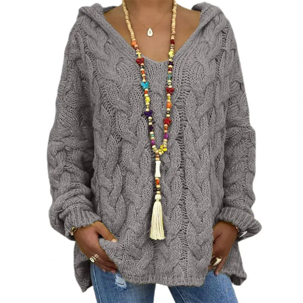 Hooded V-Neck Long Sleeves Twist Knitted Solid Colour Loose Sweater.  S-3x