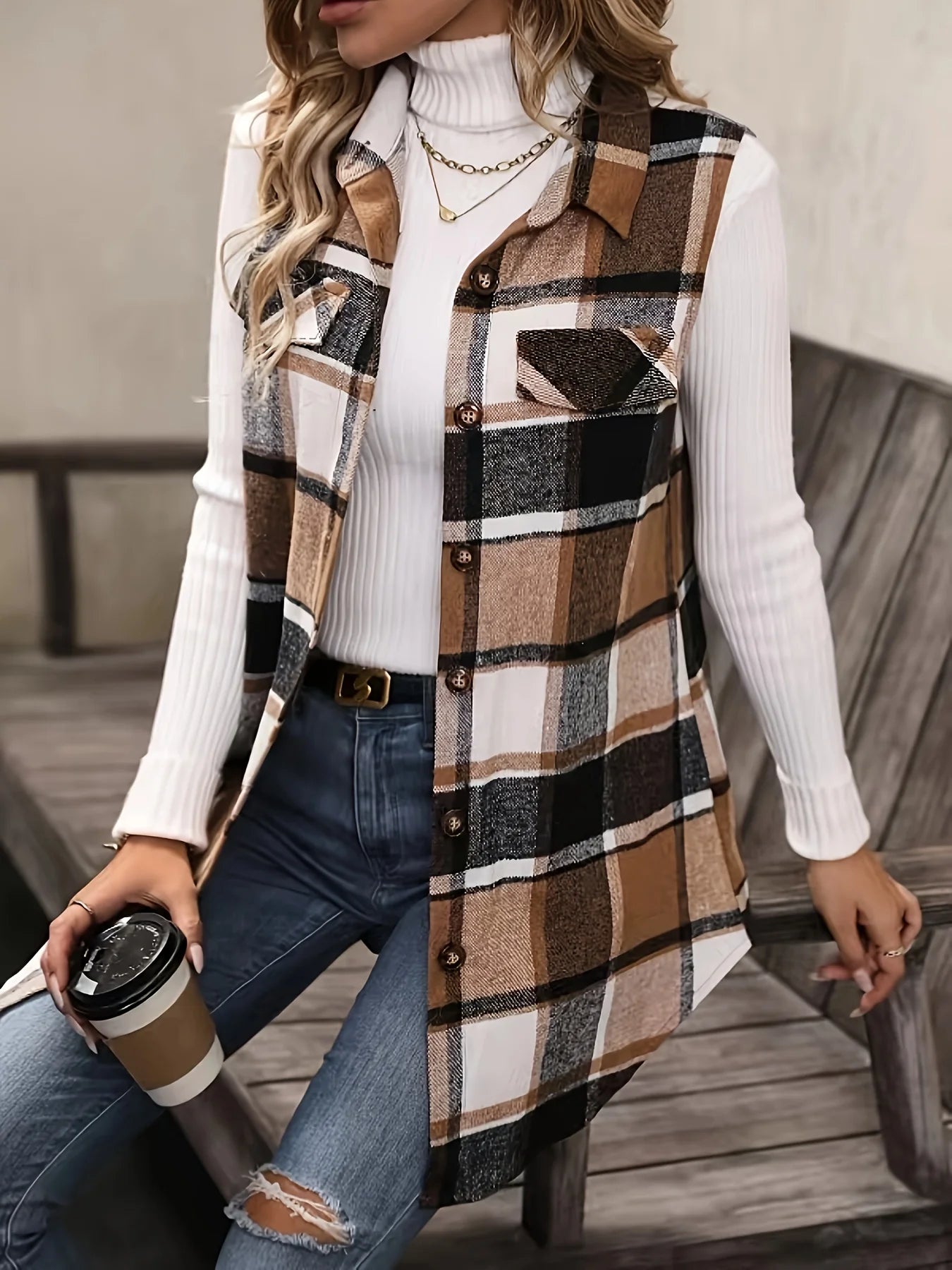 Women Plus Size 1XL-5XL Plaid Print Sleeveless Thick Vest Women Outwear