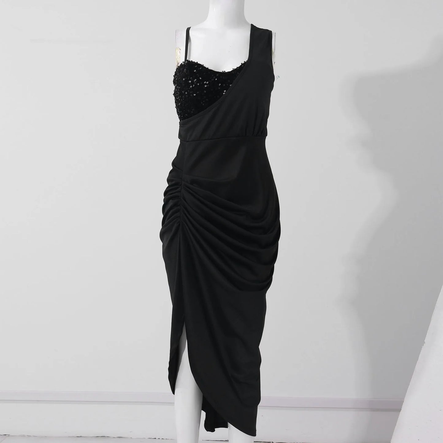 Women Sexy Dress Summer 2025 Solid Colour Sexy Sequin Slit Maxi Smocked One Shoulder Evening Dress Luxury Elegant Dress.  S-2x