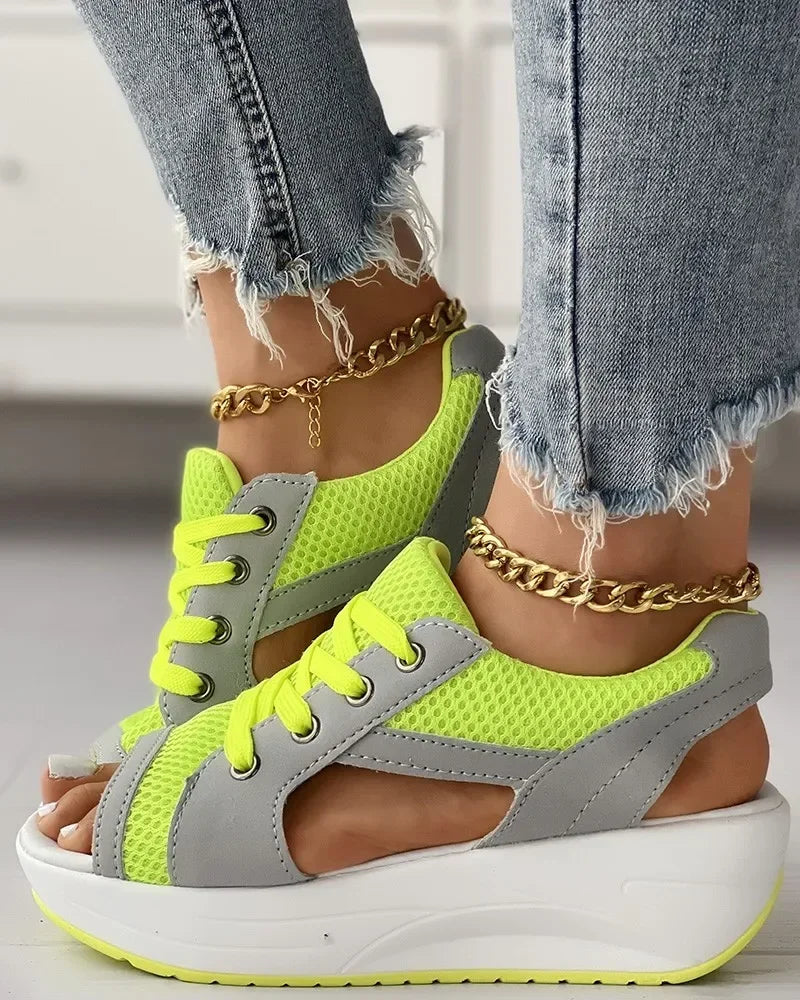 Summer Casual Comfortable Toe Contrast Cutout Lace-up Platform Sport Sandal/Sneakers