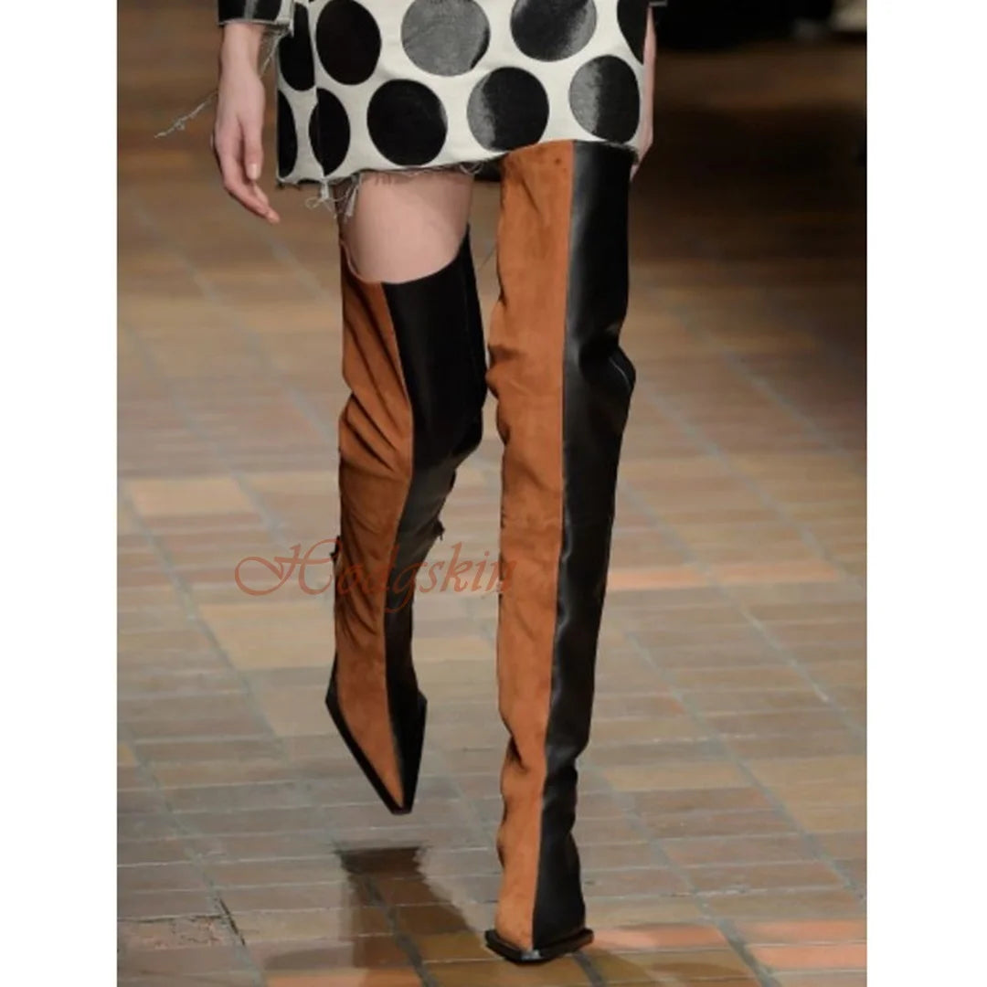 Ladies New Style Patchwork Suede Leather Boots Pointy Toe Mixed Colours Chunky Heels Over The Knee.