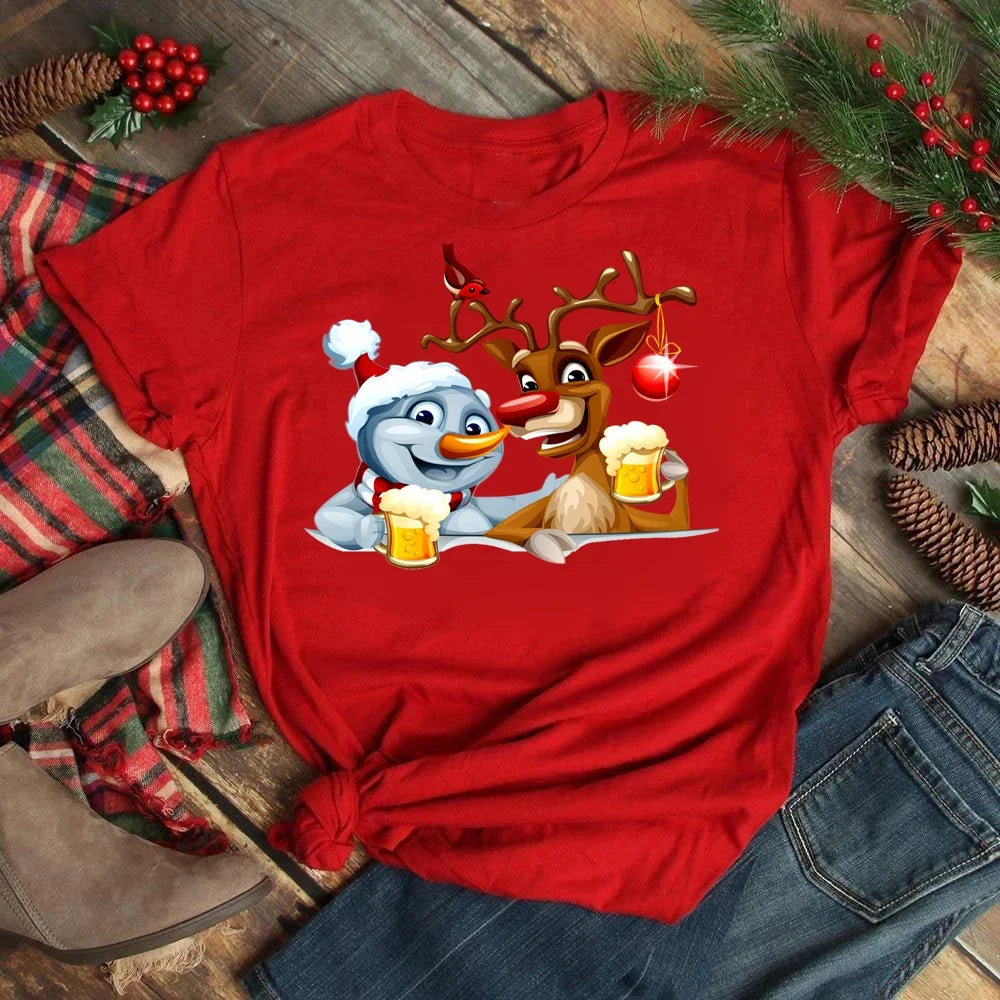 Women's Kawaii Christmas Top - Santa Claus & Deer O-Neck Y2K T-Shirt.  S-3X