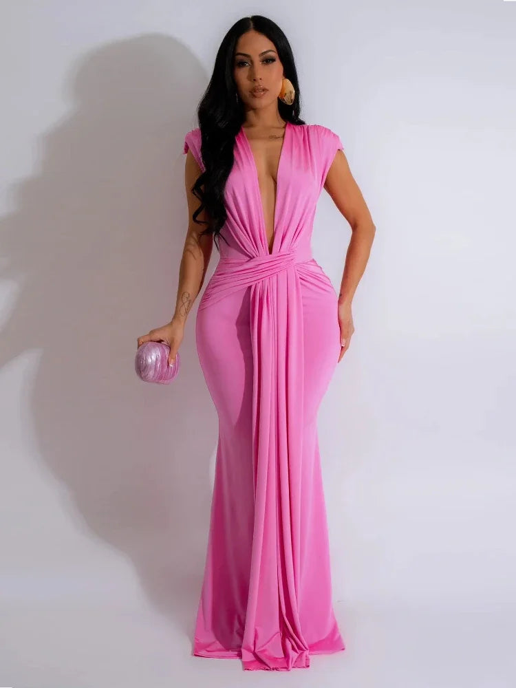 Elegant Ruched Body-con Maxi Dress for Women Party Evening Deep V-neck Sheath Celebrity Formal Long Dress.  S-2X