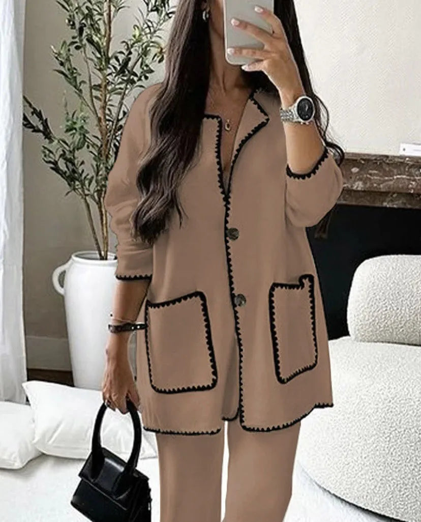 Ladies Two Pieces Long Sleeve Knit Pocket Single Breasted Cardigan And Pants Elegant Fashion Warm Comfortable set