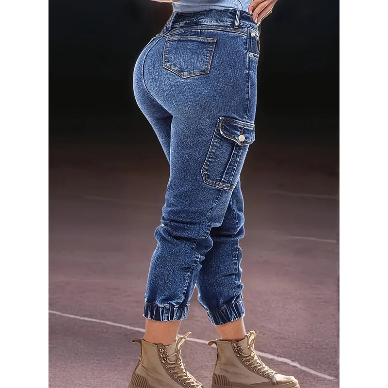 Women's Distressed Stretch Cropped Cargo Jeans - Multi-Pocket Denim with Elastic Cuff
