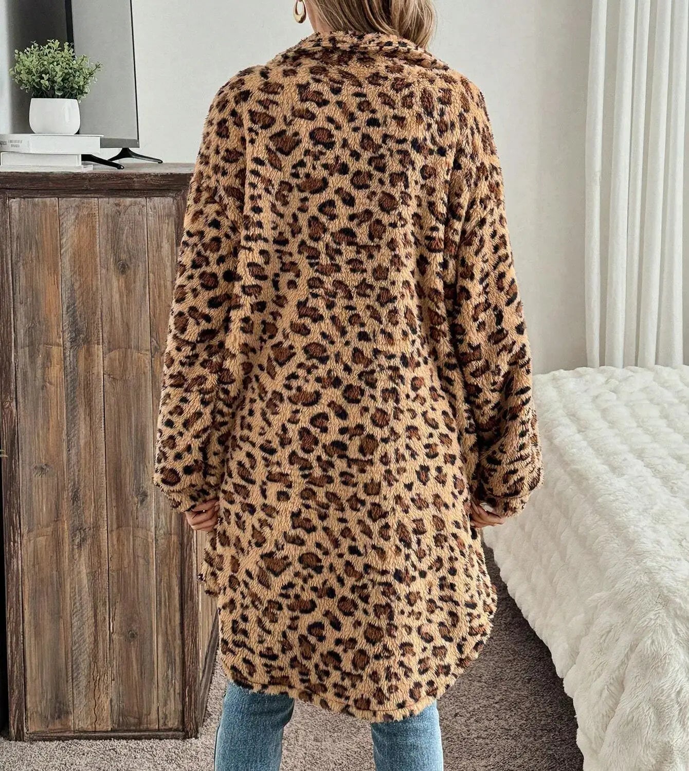 Women Mid Length Leopard Print Coat - Turn Down Collar Warm Autumn Winter S-XL