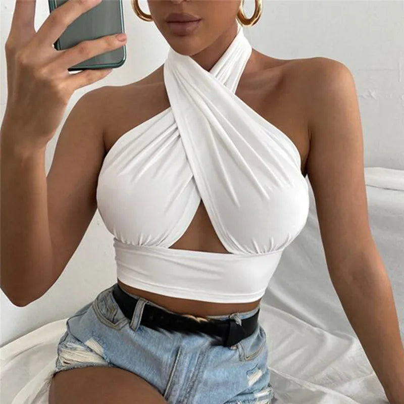 Women Cross Halter Neck Crop Top Sleeveless Backless Sexy Hollow Out Tank.