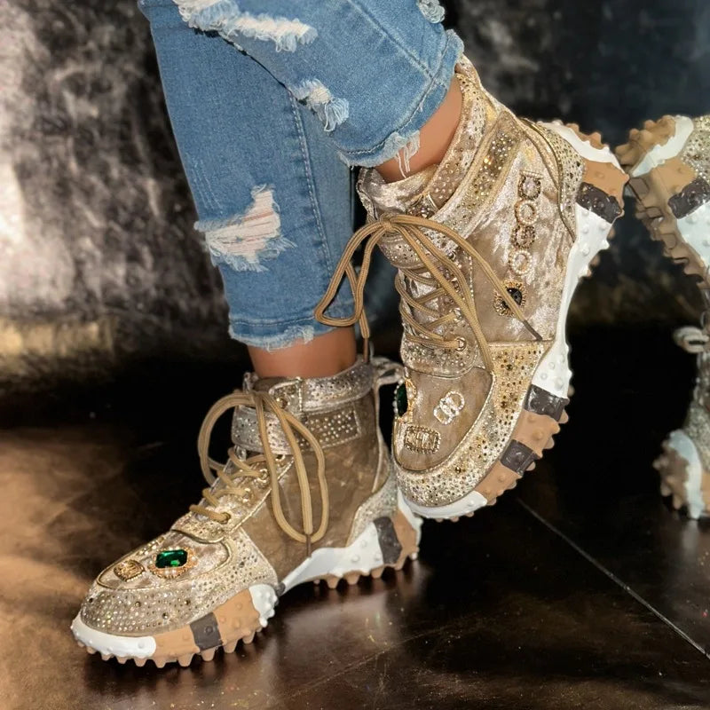 Women Casual Sneakers Luxury Designer Boots Rhinestone Suede High-Top Thick Bottom Shoes Female Tennis Outdoors Walking Shoes