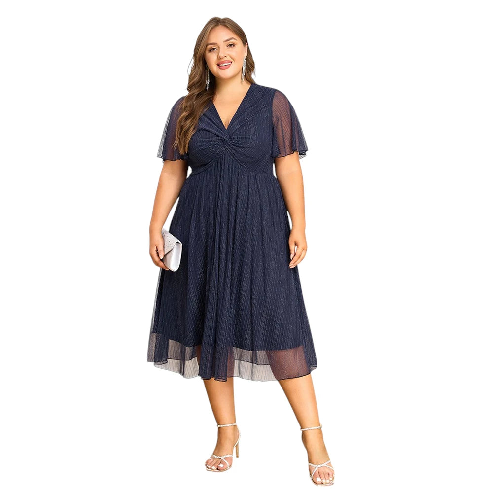Plus Size Women's V-Neck Solid Elegant Evening Party Dress.