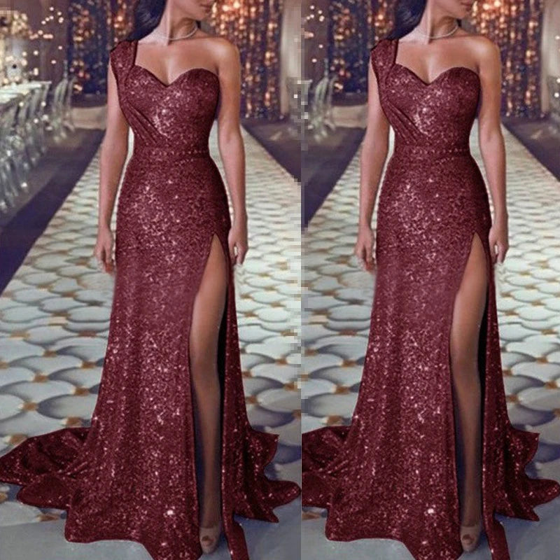 Women Sexy One Shoulder High Split Irregular Dress New Fashion Shiny Sequin Long Evening Lady Elegant Party Dress.  S-3X