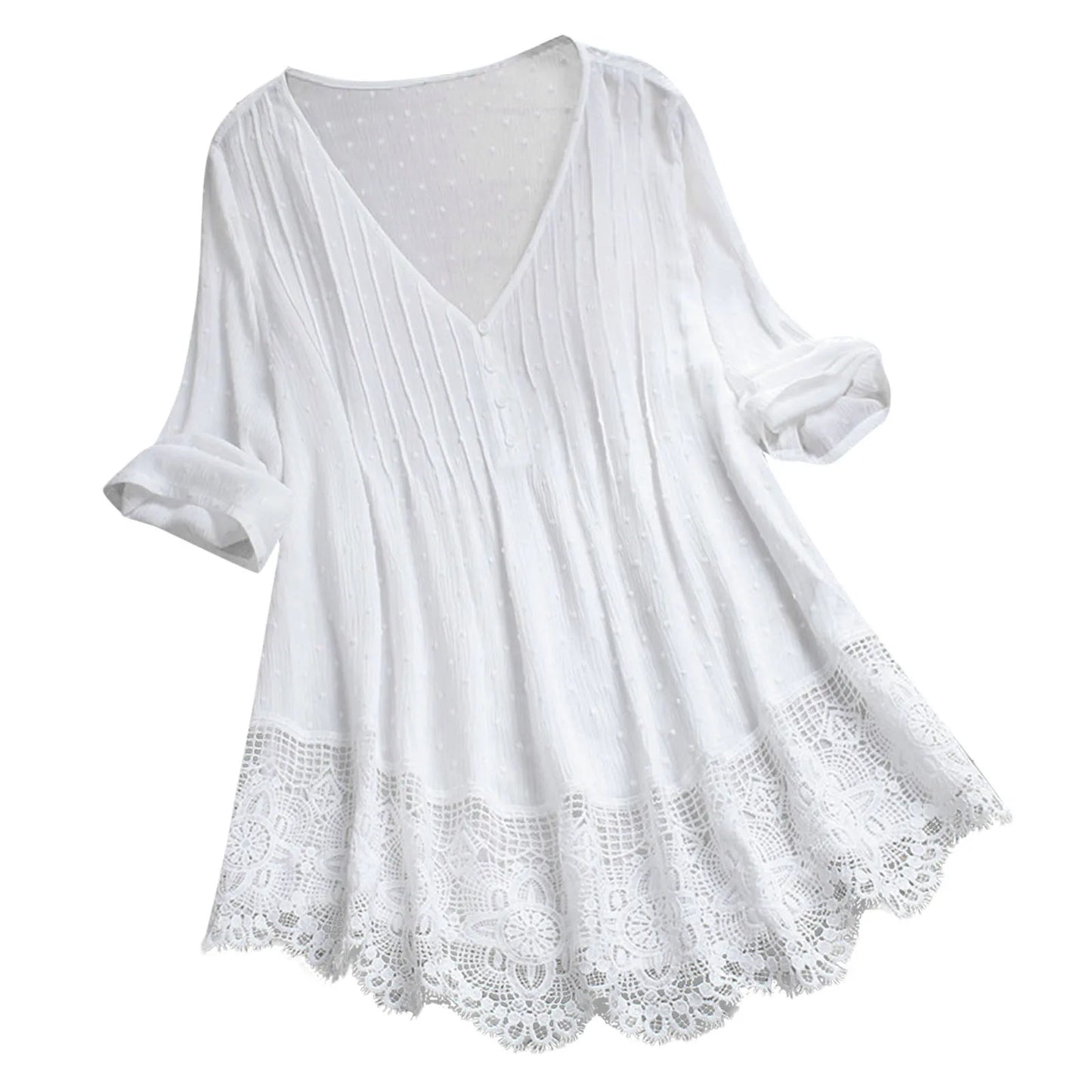 Curvy Spring Summer Cotton Lace Blouse Crochet Lace 3/4 Sleeve V Neck Loose Top