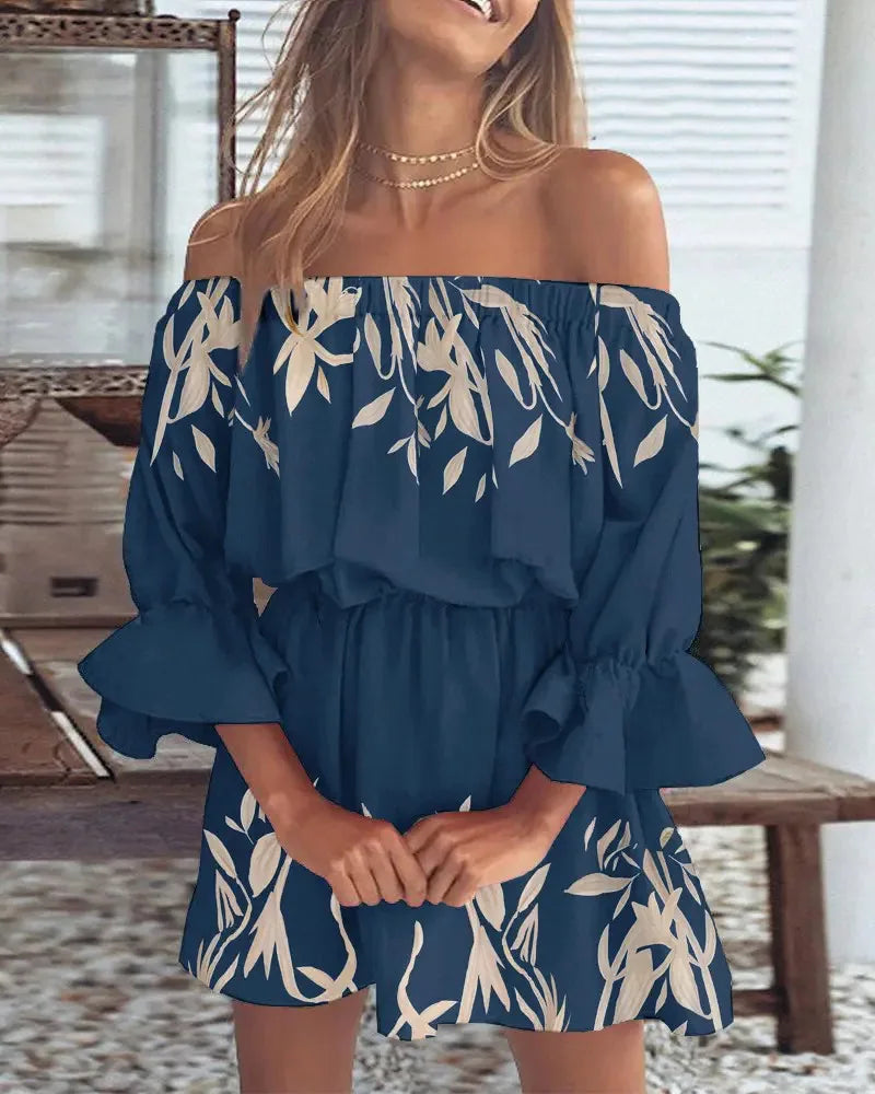 Sexy Neck Long Flare Sleeve Floral Print Mini Summer Boho Style Dress.  S-3x
