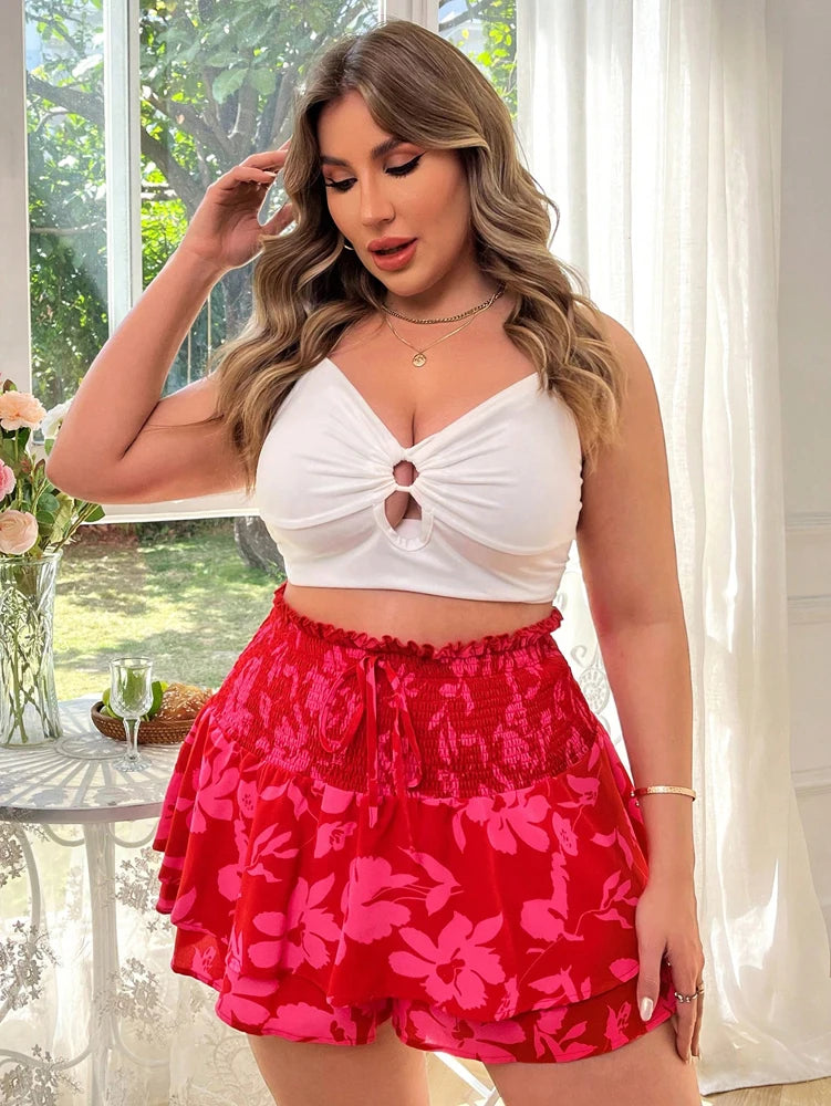 Plus Size 2025 Spring and Summer New Women's Bohemian Flower Printed Skirt, Summer Style