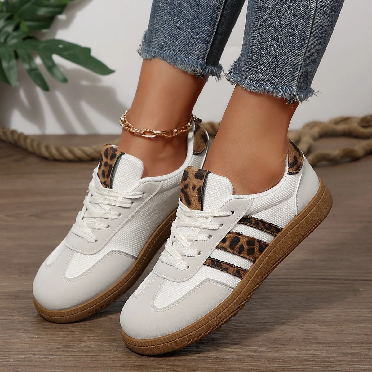 Women's Leopard Striped Print Sneakers - Platform Trainers with Non-Slip Sole