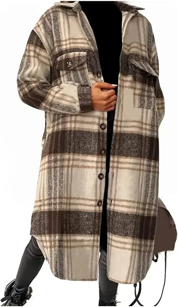 Single Breasted Fashion Long Plaid Overcoat .  S-3X