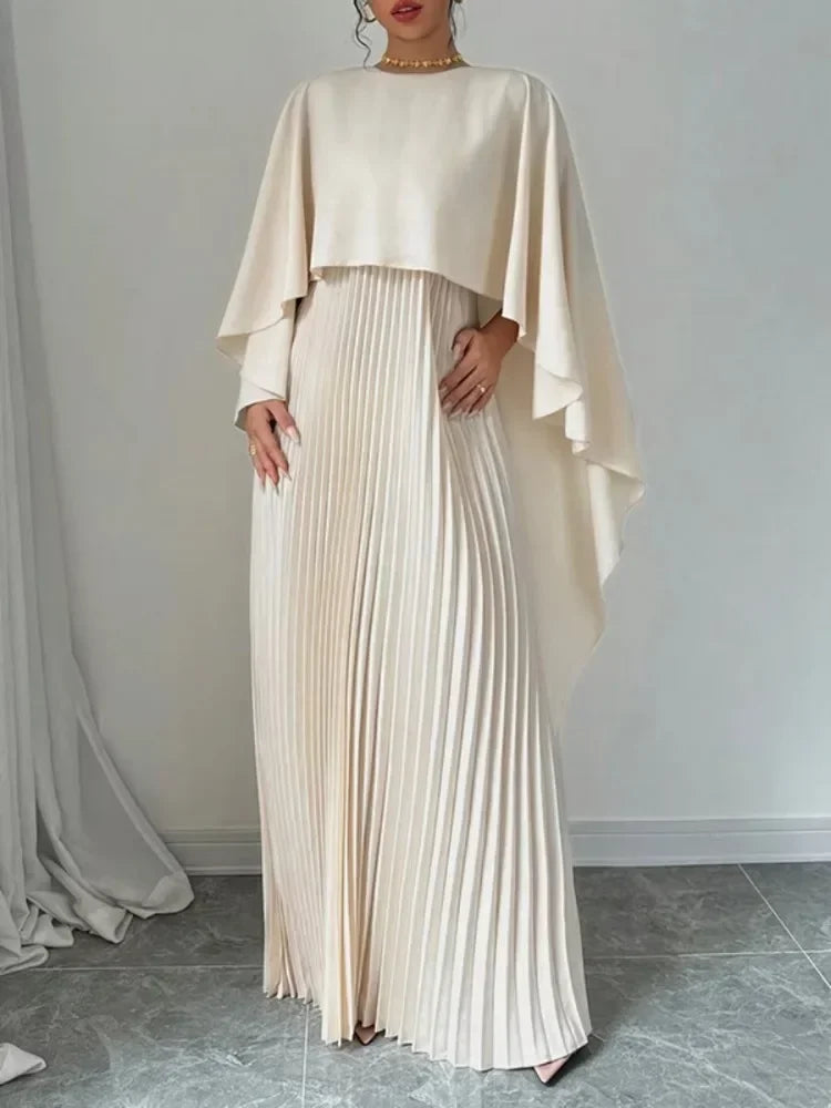 New Female Stylish High-Low Party Evening Maxi Dress Spring Autumn Cape Sleeves Solid Color Pleated Long Dress.  S-2X