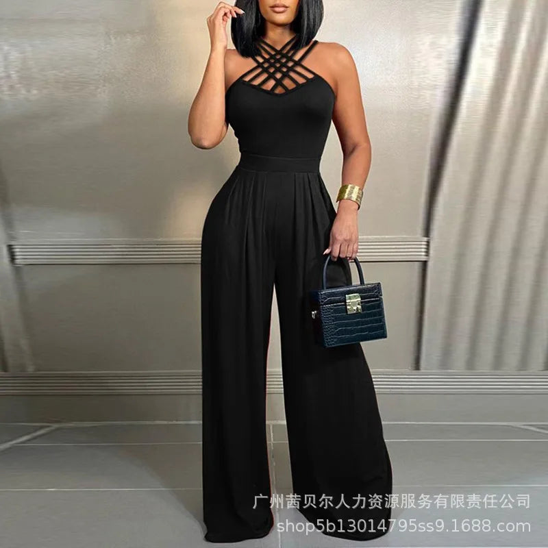 Leopard Print Chain Strap Plunge Jumpsuit Summer Sleeveless V Neck High Waist Jumpsuit.  S-XL