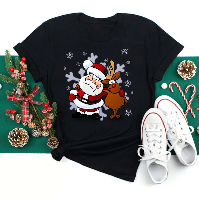 Women's Kawaii Christmas Top - Santa Claus & Deer O-Neck Y2K T-Shirt.  S-3X