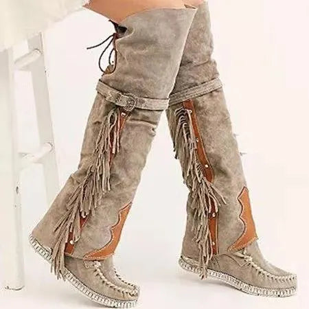 Ladies Fashion Bohemian Knee-length Women Boots Ethnic Personality High Boot Tassels Faux Suede Boots .