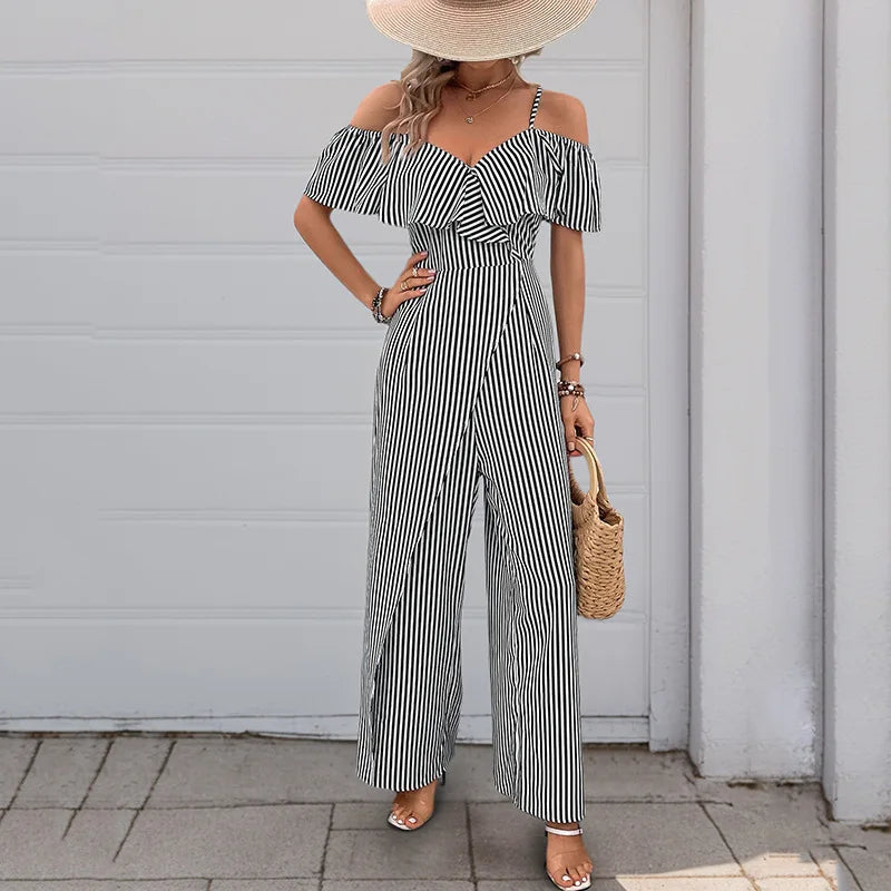 Jumpsuits Women One Piece Striped V Neck Wide Leg Long Pants High Waist Rompers 2025.  S-XL