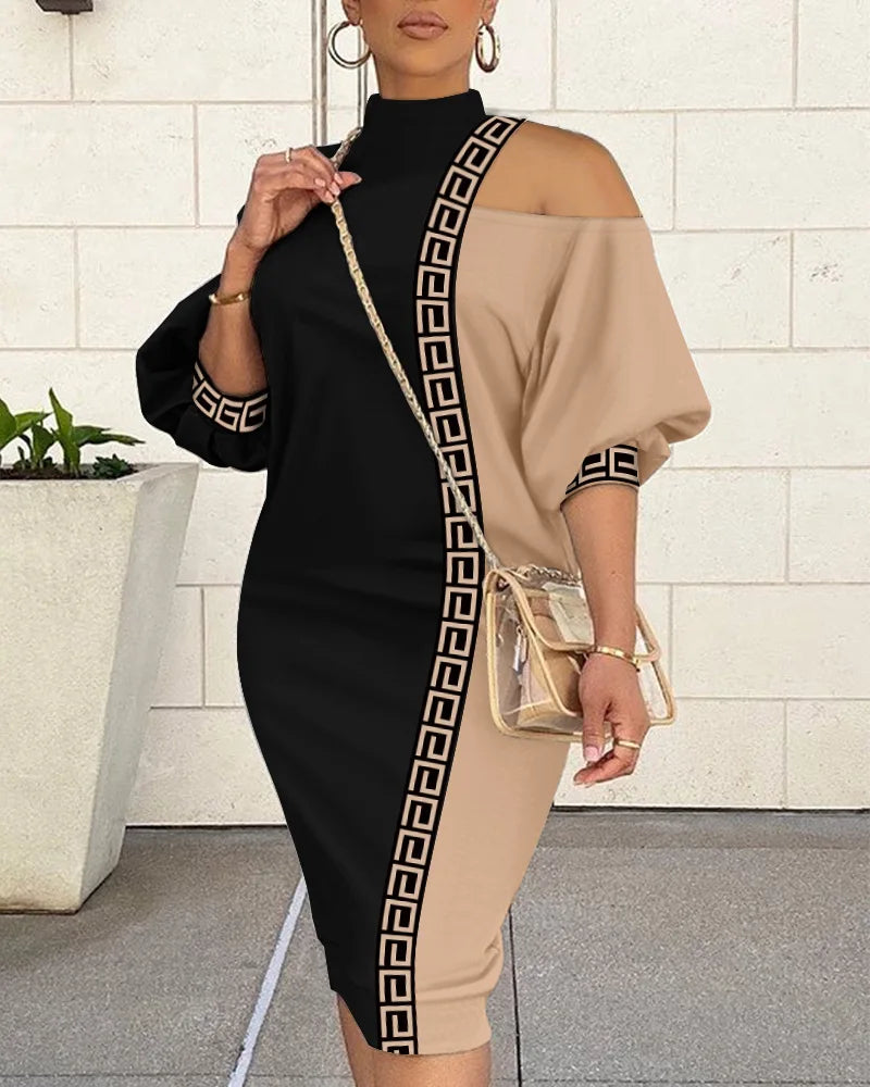 Sexy Cold Shoulder Lantern Sleeve Loose 2025 Summer Women Half Sleeve Cutout Colour-block Midi Dress.. S-XL