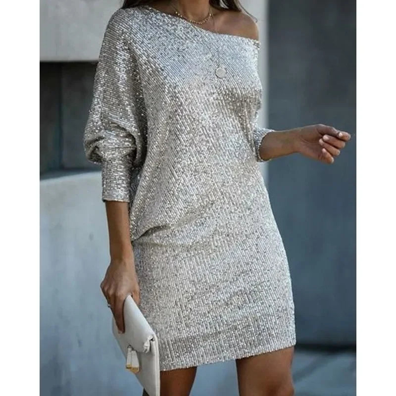 Sexy Slim-Fit Sequined Dress Long Sleeve Off Shoulder Slash Neck Party Formal Dress.  S-2X