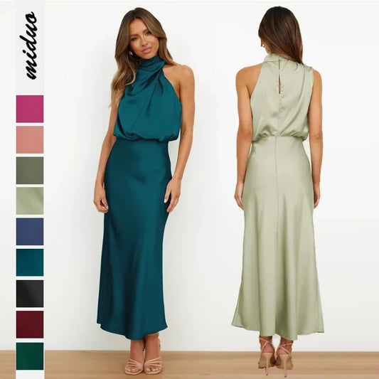 2025 Spring/Summer Long Dress for Women High Waist Halter Satin Sleeveless Elegant Solid Evening Party Dress.  S-XL